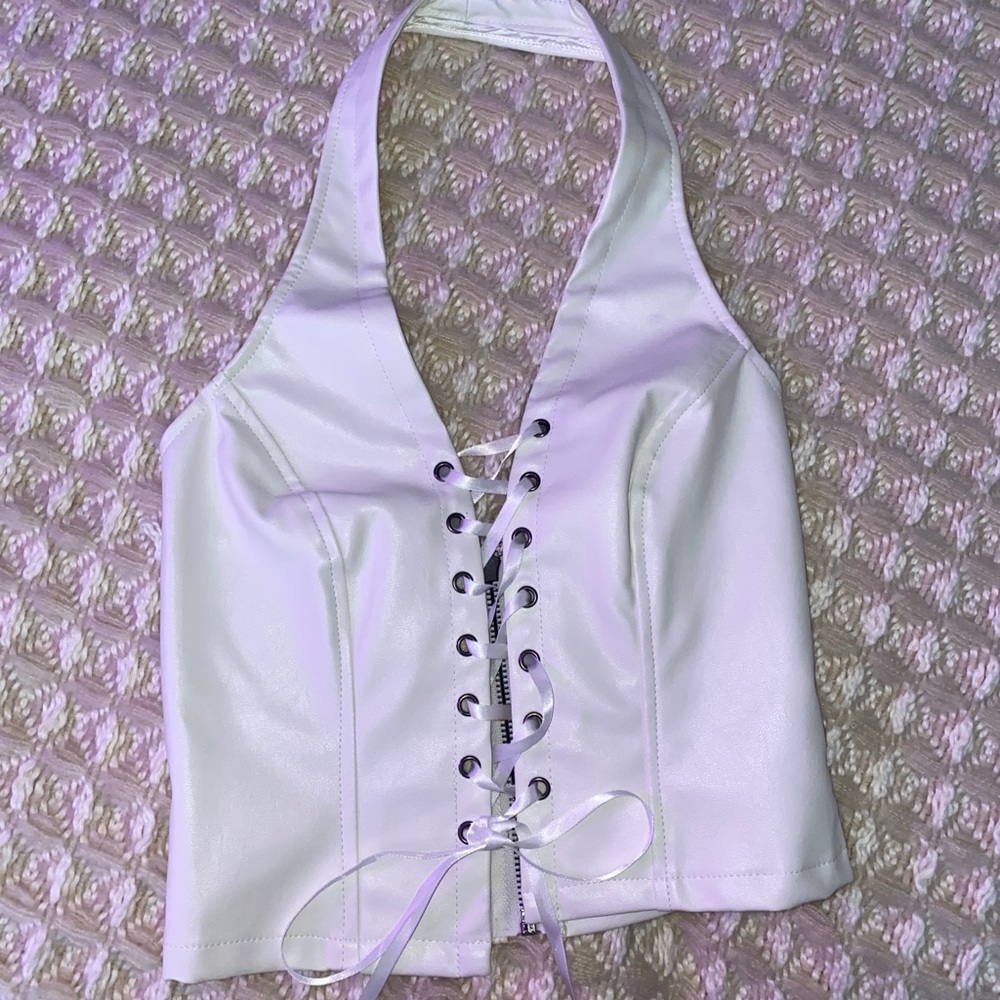 White faux leather lace up top!